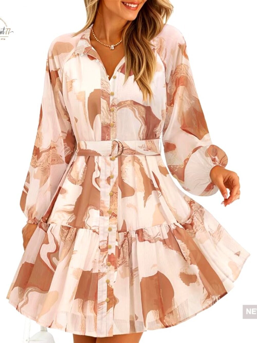 Long Sleeve Chiffon Mini Dress A-Line Swing Button Front Floral